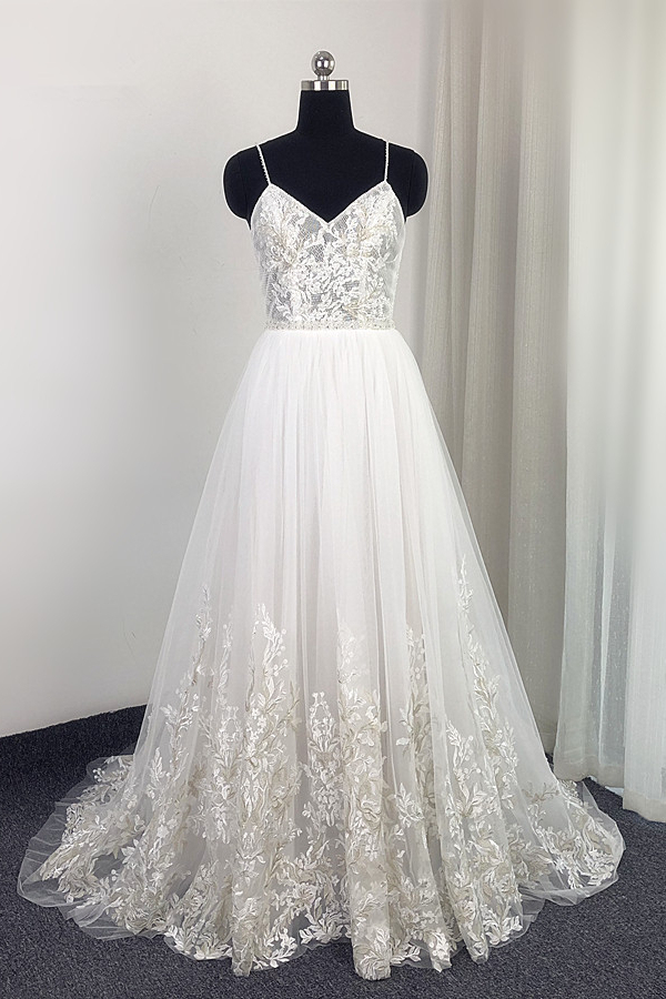BMbridal Elegant Spaghetti Straps Tulle Lace Wedding Dress V-Neck Appliques See Through Top Bridal Gowns-BMbridal