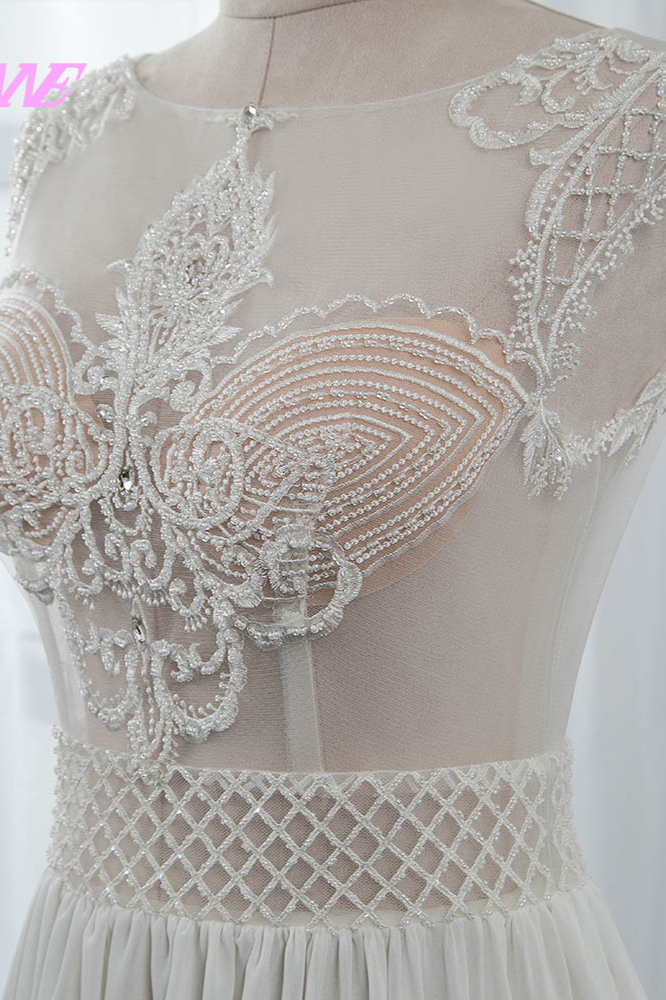 BMbridal Sexy Jewel Sleeveless Chiffon Wedding Dresses See Through Top Bridal Gowns On Sale
