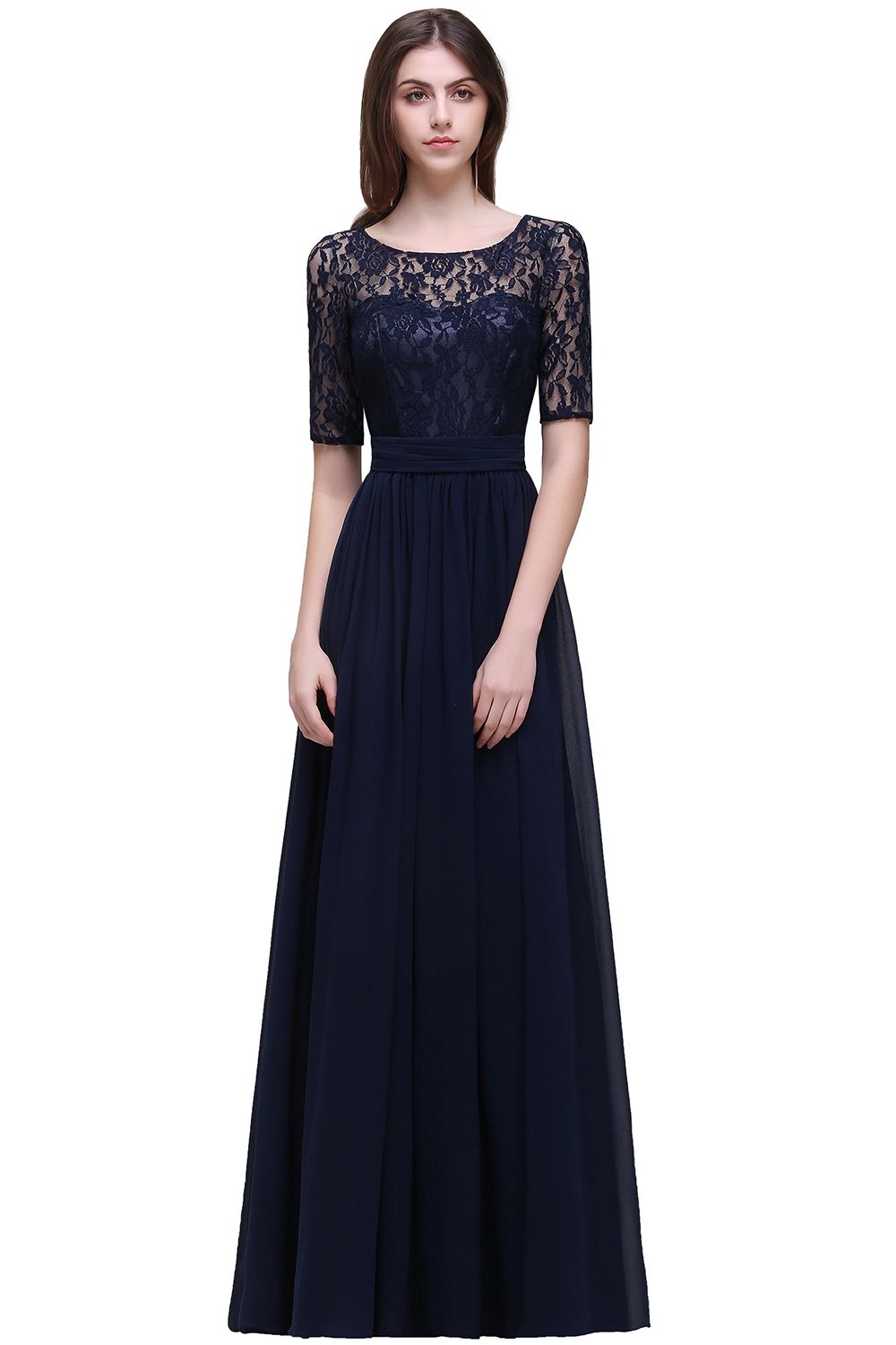 BMbridal Half-Sleeve Lace Long Chiffon Evening Dress