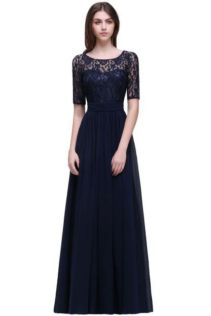 BMbridal Half-Sleeve Lace Long Chiffon Evening Dress