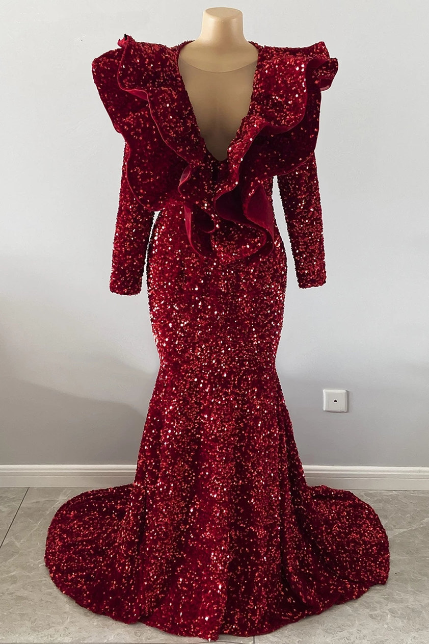 Bmbridal Burgundy Prom Dress Mermaid V-Neck With Ruffle
