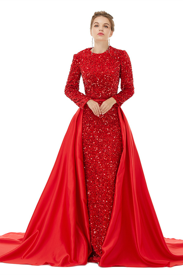 Bmbridal Long Sleeves Sequins Prom Dress Mermaid Overskirt
