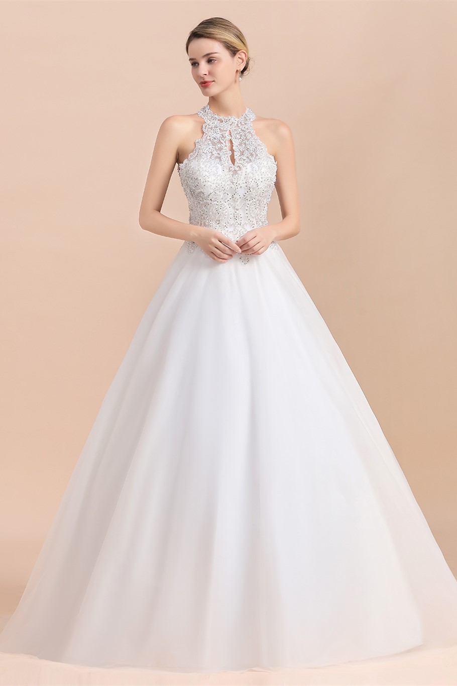 BMbridal Exquisite High-Neck Lace Wedding Dress Appliques Sequins Sleeveless Bridal Gowns On Sale-BMbridal