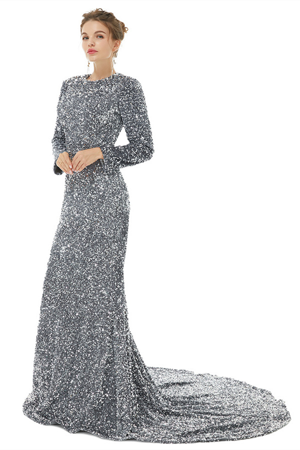 Bmbridal Long Sleeves Sequins Prom Dress Mermaid Overskirt