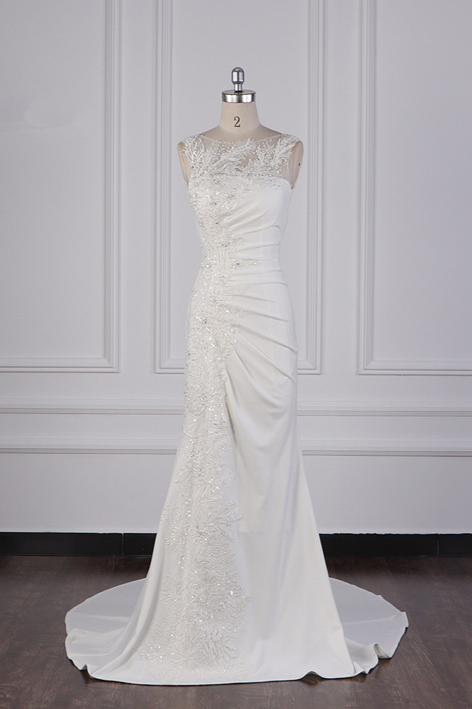 BMbridal Gorgeous Jewel Mermaid Satin Wedding Dress Sleeveless Ruffles Appliques Beadings Bridal Gowns Online-BMbridal
