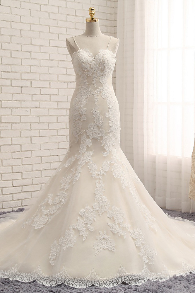 BMbridal Sexy Spaghetti Straps Mermaid Wedding Dresses Sleeveless Lace Bridal Gowns With Appliques Online-BMbridal