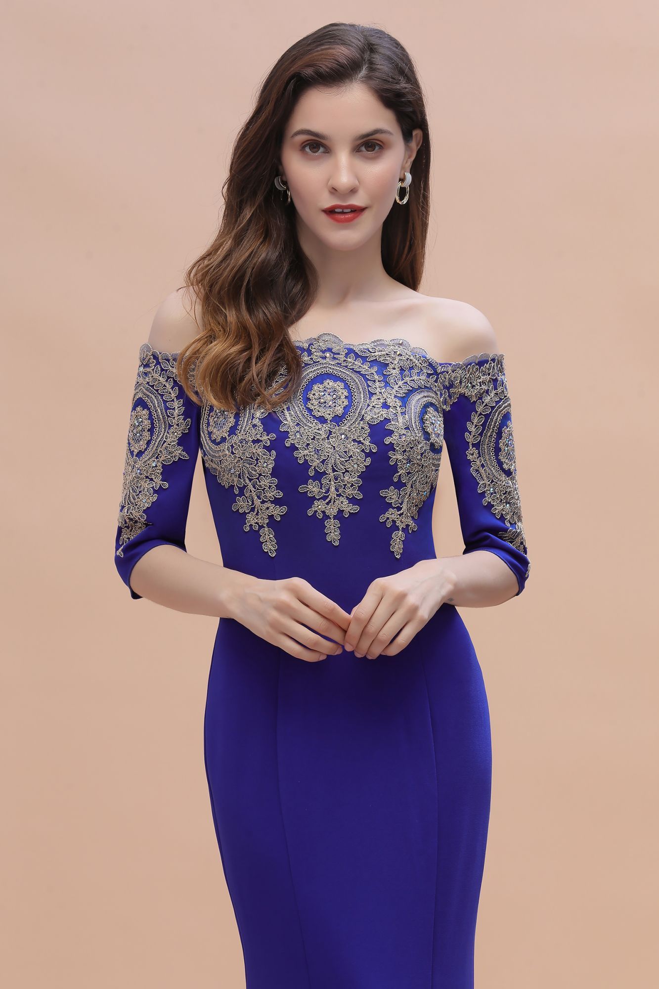 BMbridal Mermaid Off-Shoulder Chiffon Lace Half Sleeve Evening Dress