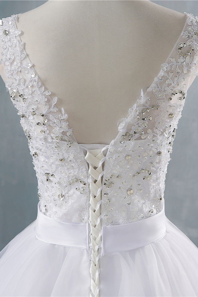 BMbridal Chic Starps V-Neck Beadings Tulle Wedding Dress Sleeveless Appliques Bridal Gowns with Rhinestones-BMbridal