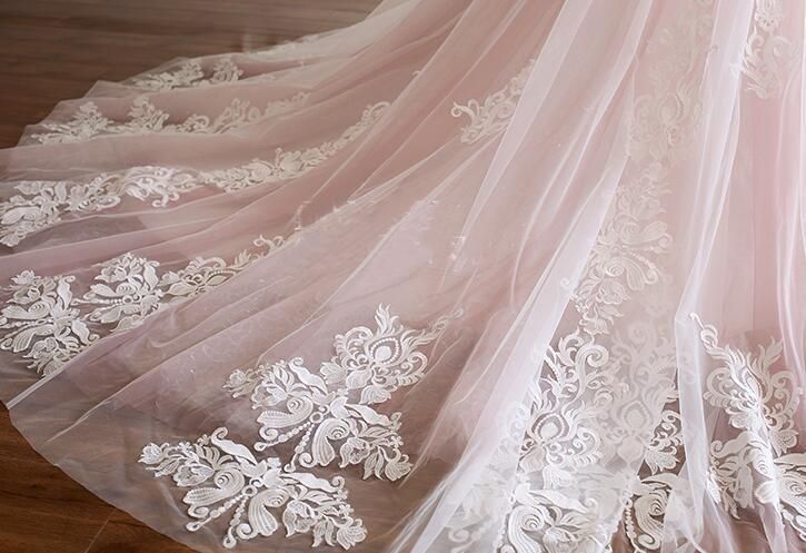 BMbridal Princess Sweetheart Lace Pink Prom Dress Long Tulle Party Gowns