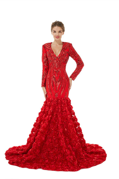 Bmbridal Long Sleeves V-Neck Prom Dress Mermaid Sequins With Flowers Bottom