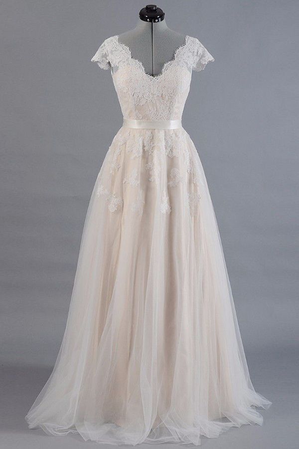 BMbridal Affordable V-neck A-line Wedding Dresses Shorts leeves Tulle Lace Bridal Gowns On Sale