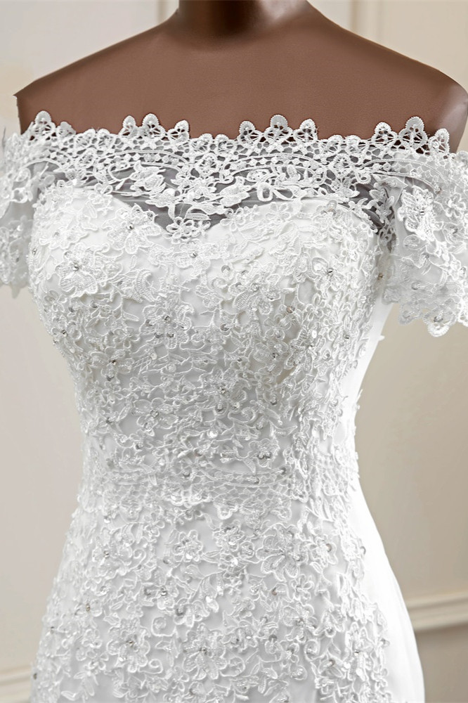 BMbridal Gorgeous Off-the-Shoulder Lace Mermaid Wedding Dresses Short Sleeves Rhinestons Bridal Gowns-BMbridal