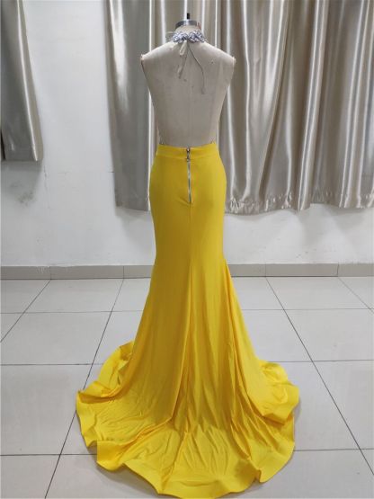BMbridal Sexy Yellow High Neck Ruffle Prom Dress Affordable with Backless Online