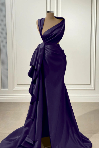Elegant Red Charmeuse Sleeveless Long Prom Dress With High Slit