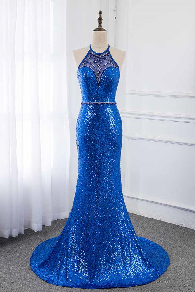 BMbridal Sparkly Sequined Halter Sleeveless Royal Blue Prom Dresses with Beadings