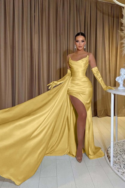 White Chiffon Strapless Sleeveless Split Mermaid Long Prom Dress With Gloves