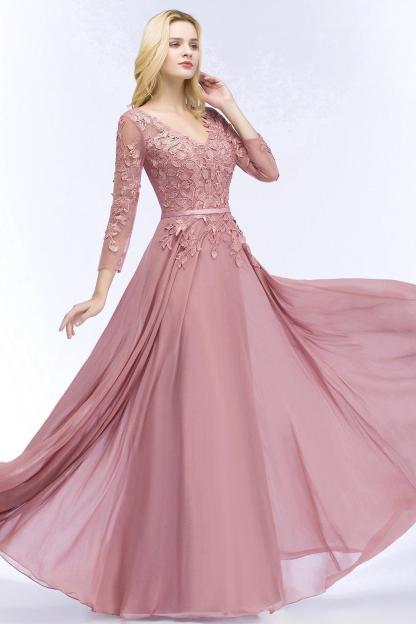 BMbridal Elegant Chiffon Lace Dusty Rose Evening Dress
