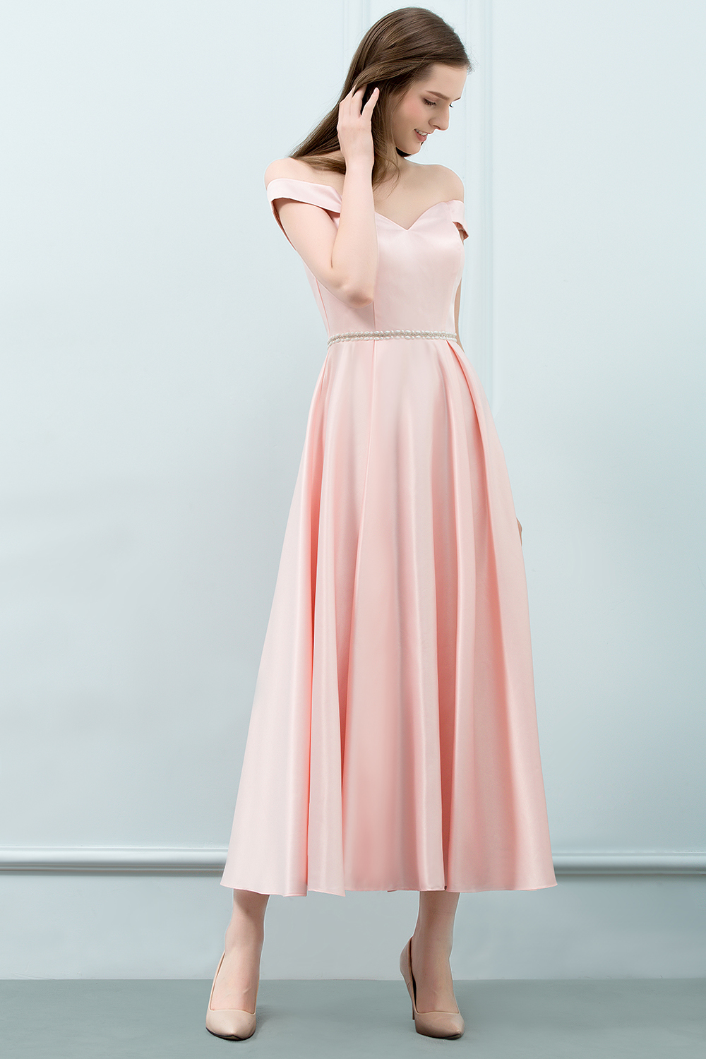 BMbridal A-line Off-shoulder Tea Length Pink Prom Dress with Sash