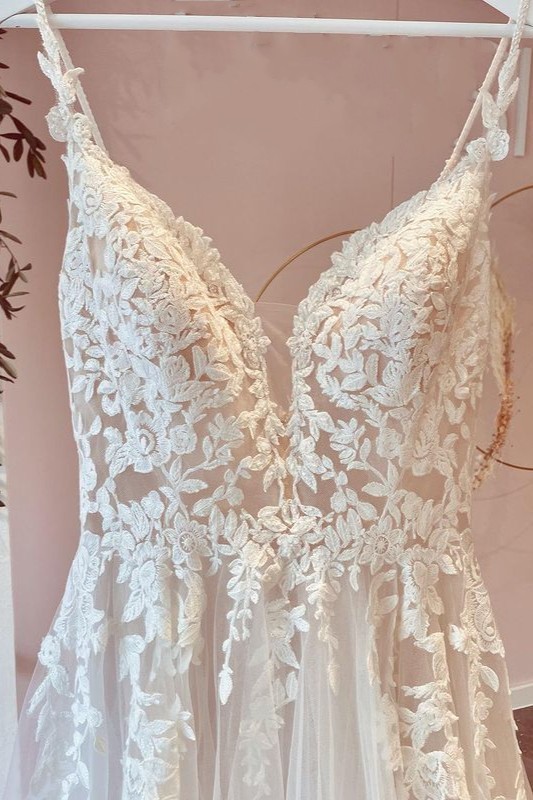 Bmbridal Spaghetti-Straps Bridal Dress Sleeveless Tulle Appliques-BMbridal