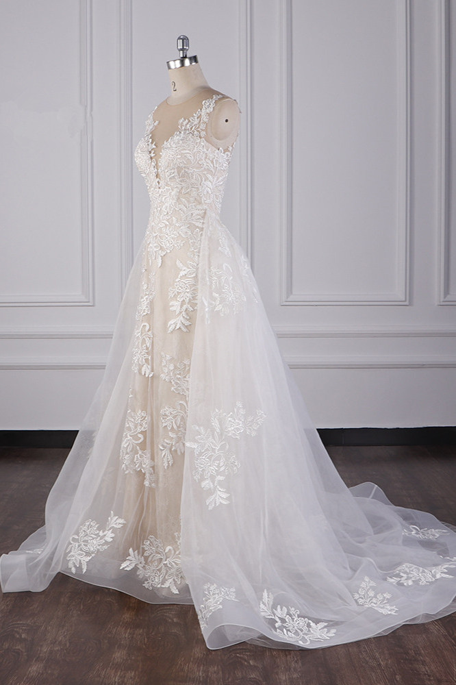 BMbridal Elegant Jewel Tulle Lace Wedding Dress Appliques Sleeveless Mermaid Bridal Gowns Online-BMbridal