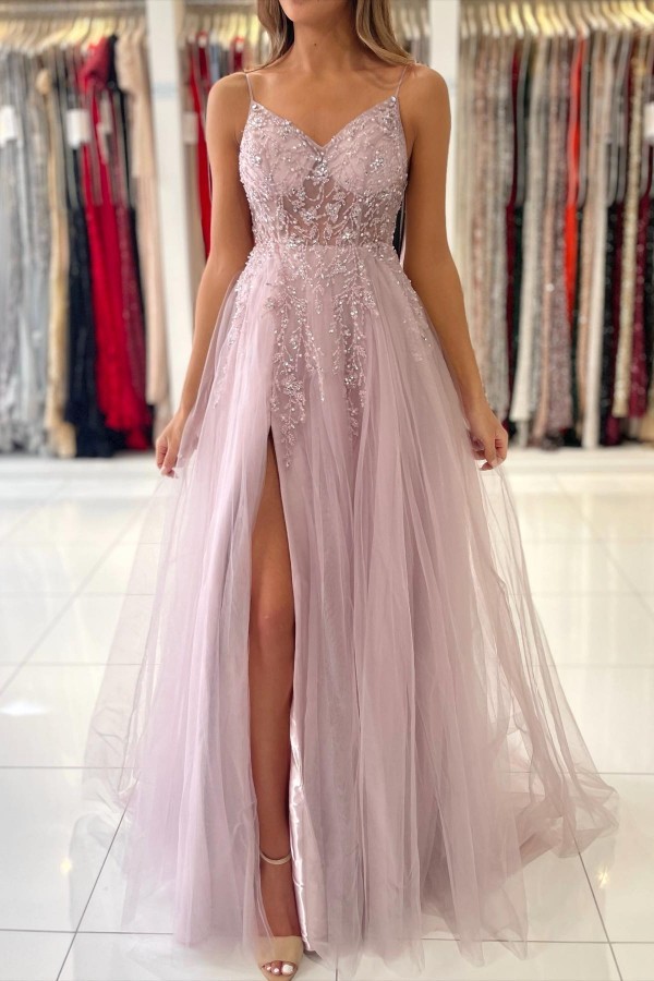 BMbridal Spaghetti-Straps Long Prom Dress Sleeveless Tulle With Beadings