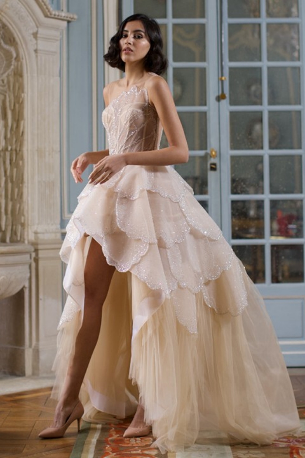 Bmbridal A-Line Hi-Lo Sleeveless Strapless Elegant Tulle Prom Dresses with Lace