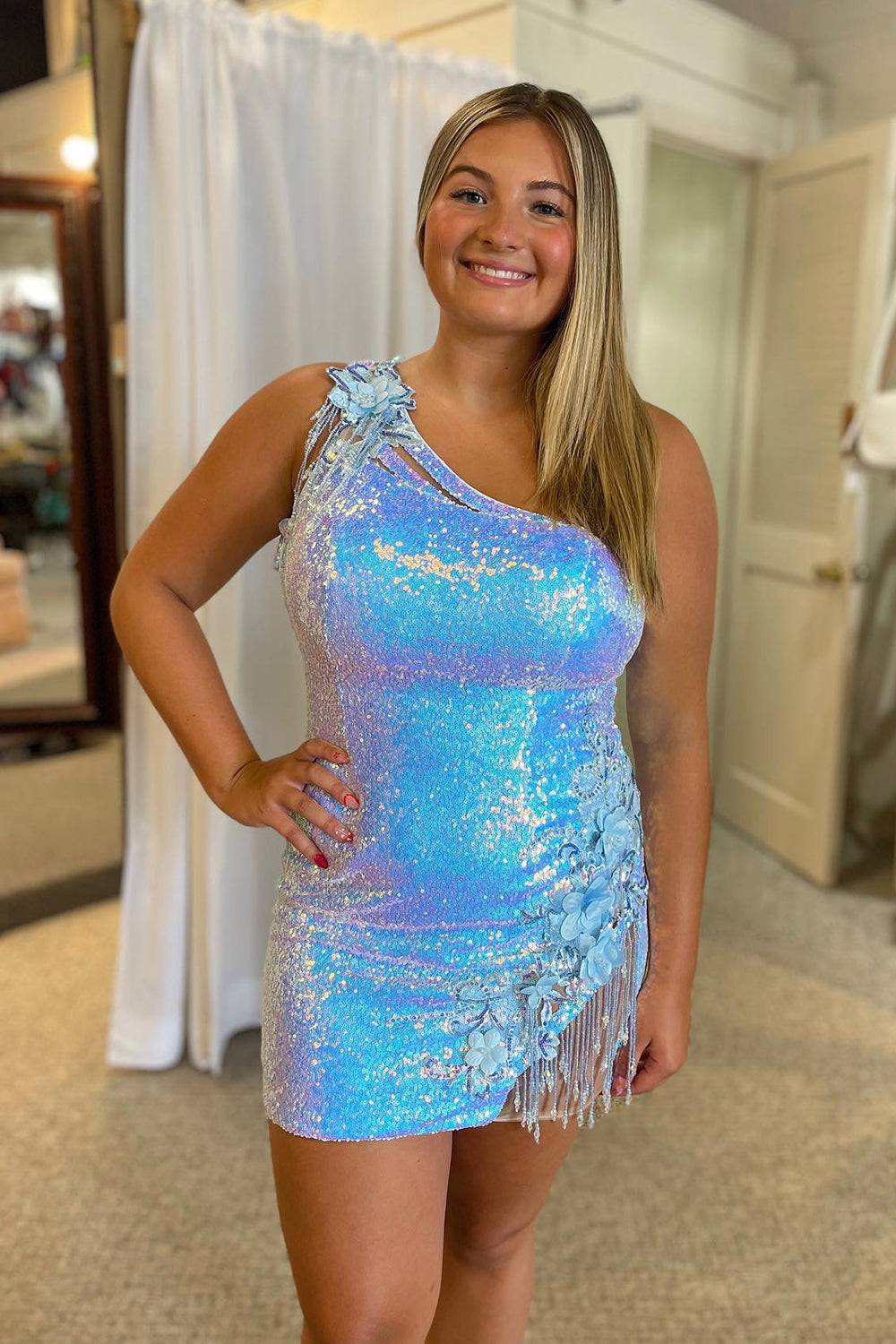 Sparkly Light Blue Sequin Fringed Floral Tight Short Homecoming Dress-BMbridal