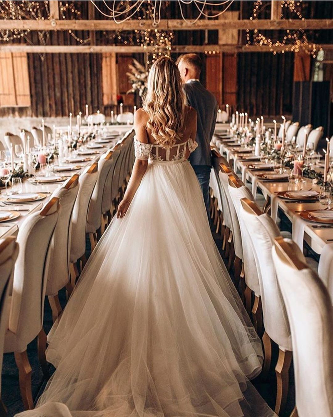 Bmbridal Off-the-Shoulder Tulle Wedding Dress Boho Lace Long-BMbridal