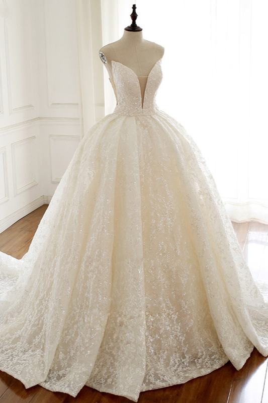 BMbridal Sexy Deep-V-Neck Strapless Tulle Wedding Dress Sleeveless Lace Appiques Bridal Gowns On Sale-BMbridal