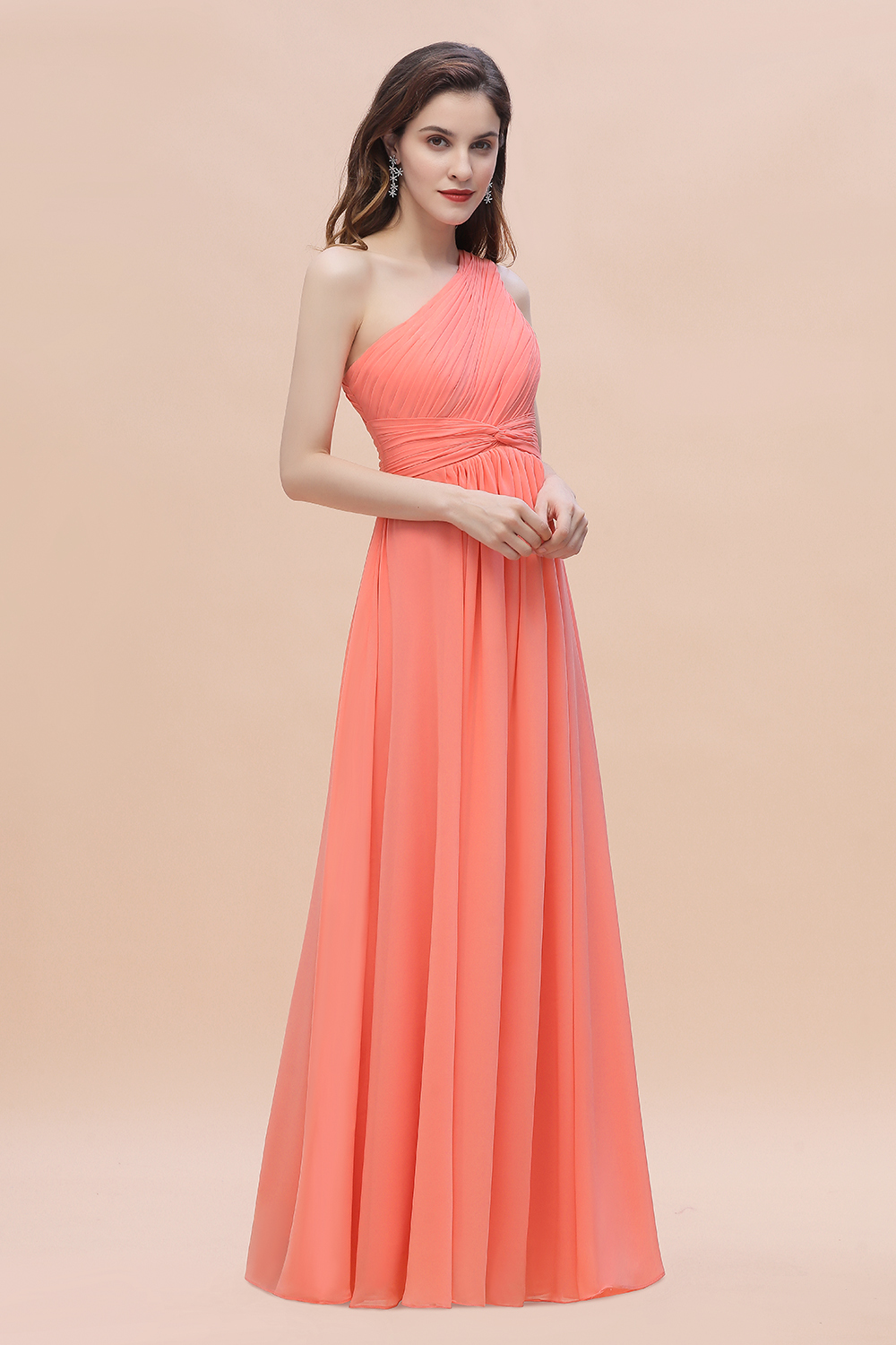BMbridal Chic One-Shoulder Ruffles Chiffon Coral Bridesmaid Dresses On Sale-BMbridal