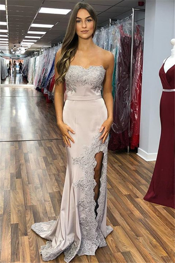 Bmbridal Strapless Mermaid Prom Dress Lace Appliques With Slit