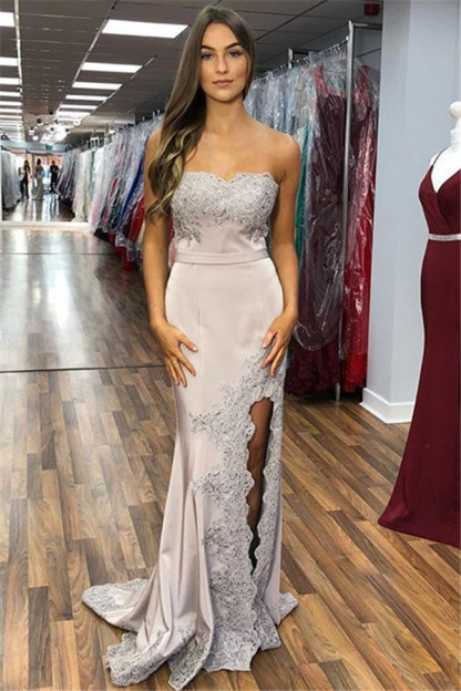 Bmbridal Strapless Mermaid Prom Dress Lace Appliques With Slit