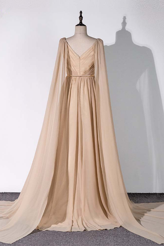 BMbridal Chic Chiffon V-Neck Ruffle Prom Dresses with Beadings Sash On Sale-BMbridal