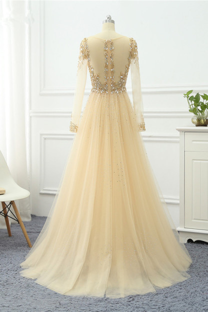 BMbridal Elegant V-Neck Long Sleeves Appliques Beadings Prom Dresses with Overskirt