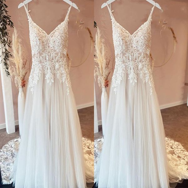 Bmbridal V-Neck Spaghetti-Straps Wedding Dress Lace Appliques Online-BMbridal