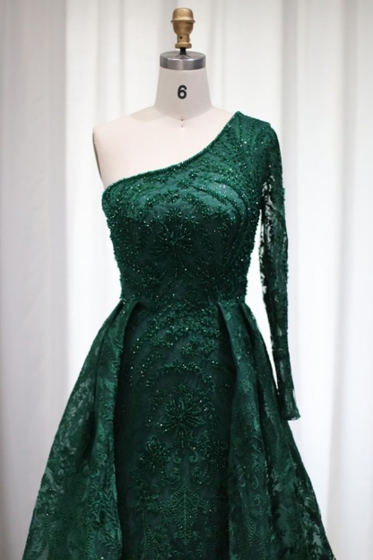Bmbridal Dark Green Stain One Shoulder A-Line Prom Dresses with Lace