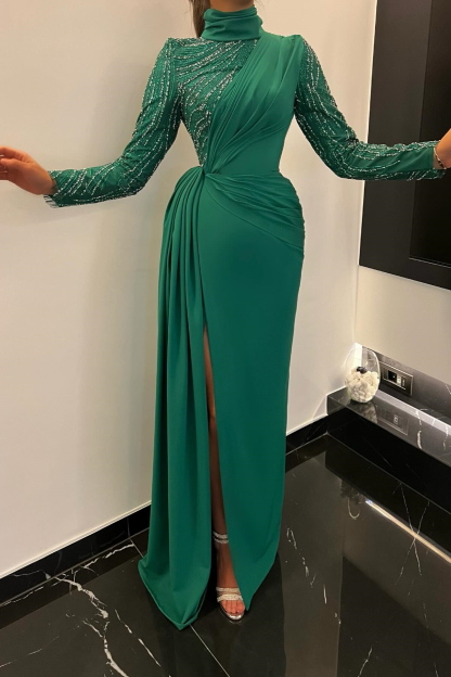 Green High Neck Long Sleeves Prom Dress Slit Long With Sequins