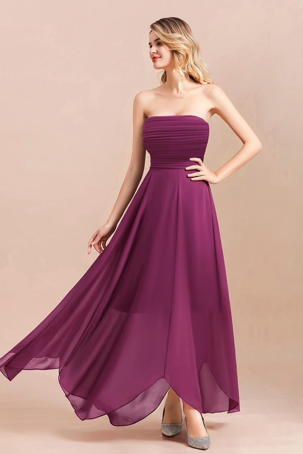 BMbridal Gorgeous Strapless Ruffle Bridesmaid Dress with Petal Hemline-BMbridal