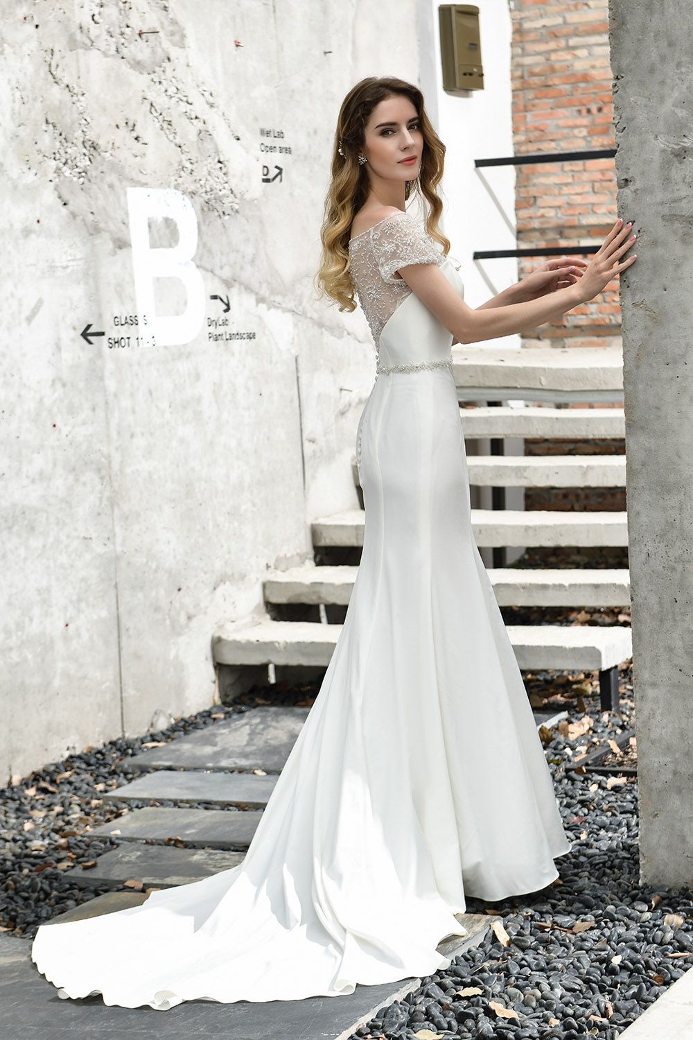 BMbridal Mermaid Satin Lace Off the Shoulder Affordable Ivory Wedding Dress