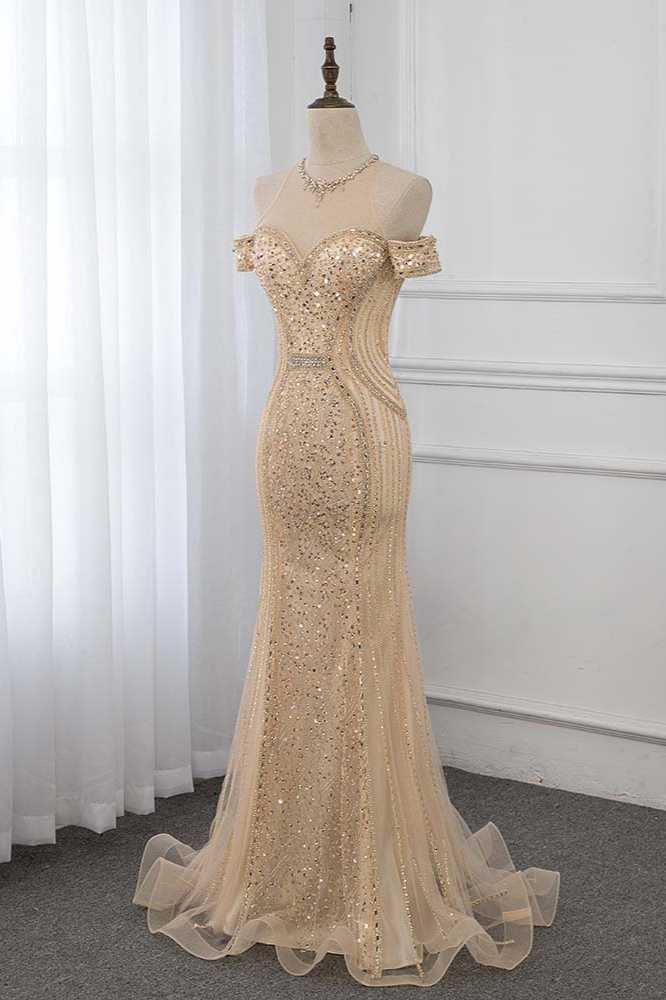 BMbridal Glamorous Off-the-Shoulder Sweetheart Mermaid Prom Dresses with Beadings