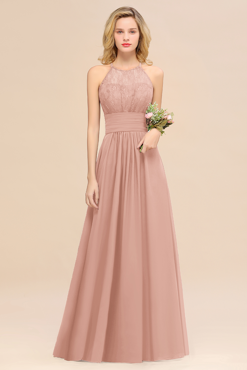 BMbridal Elegant Halter Ruffles Sleeveless Grape Lace Bridesmaid Dresses Affordable-BMbridal