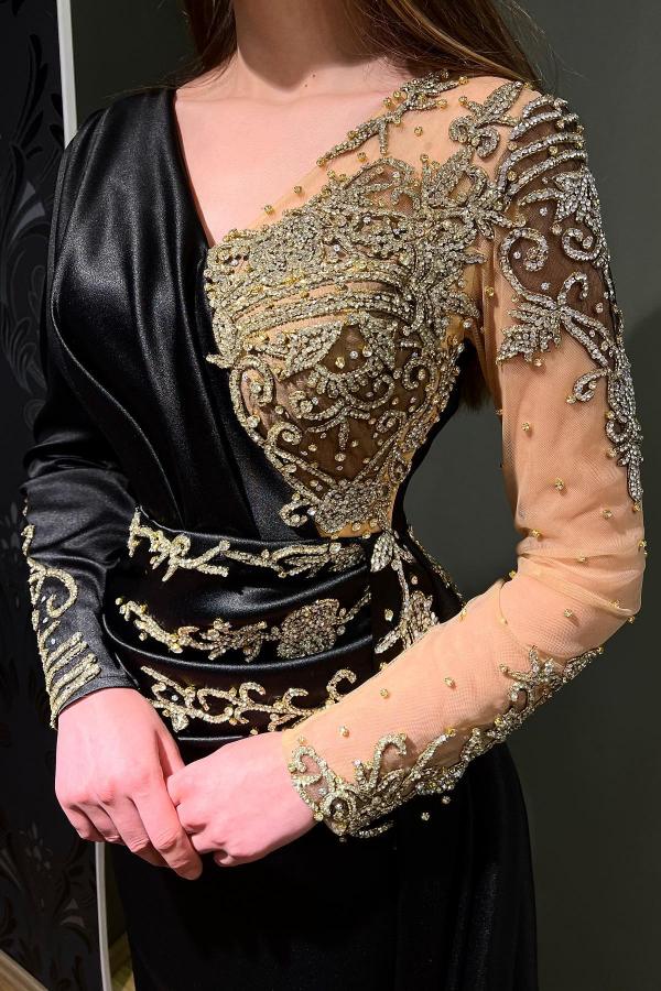 BMbridal Black Long Sleeves Prom Dress Mermaid Long With Beads