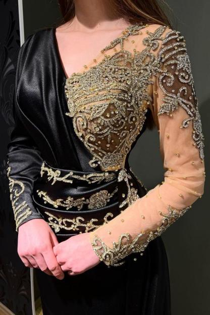 BMbridal Black Long Sleeves Prom Dress Mermaid Long With Beads