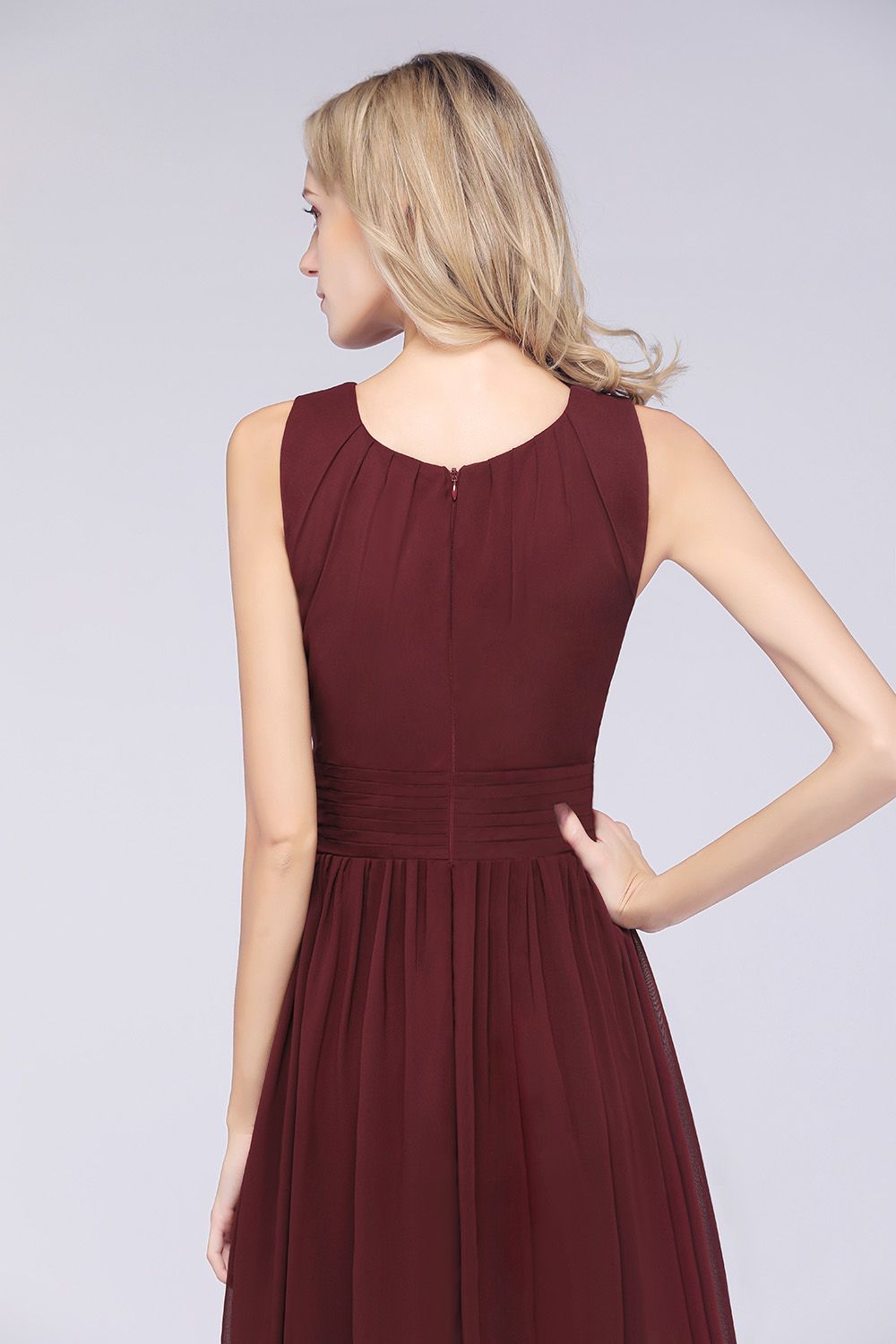 BMbridal Modest Round-Neck Sleeveless Burgundy Bridesmaid Dresses with Ruffles-BMbridal