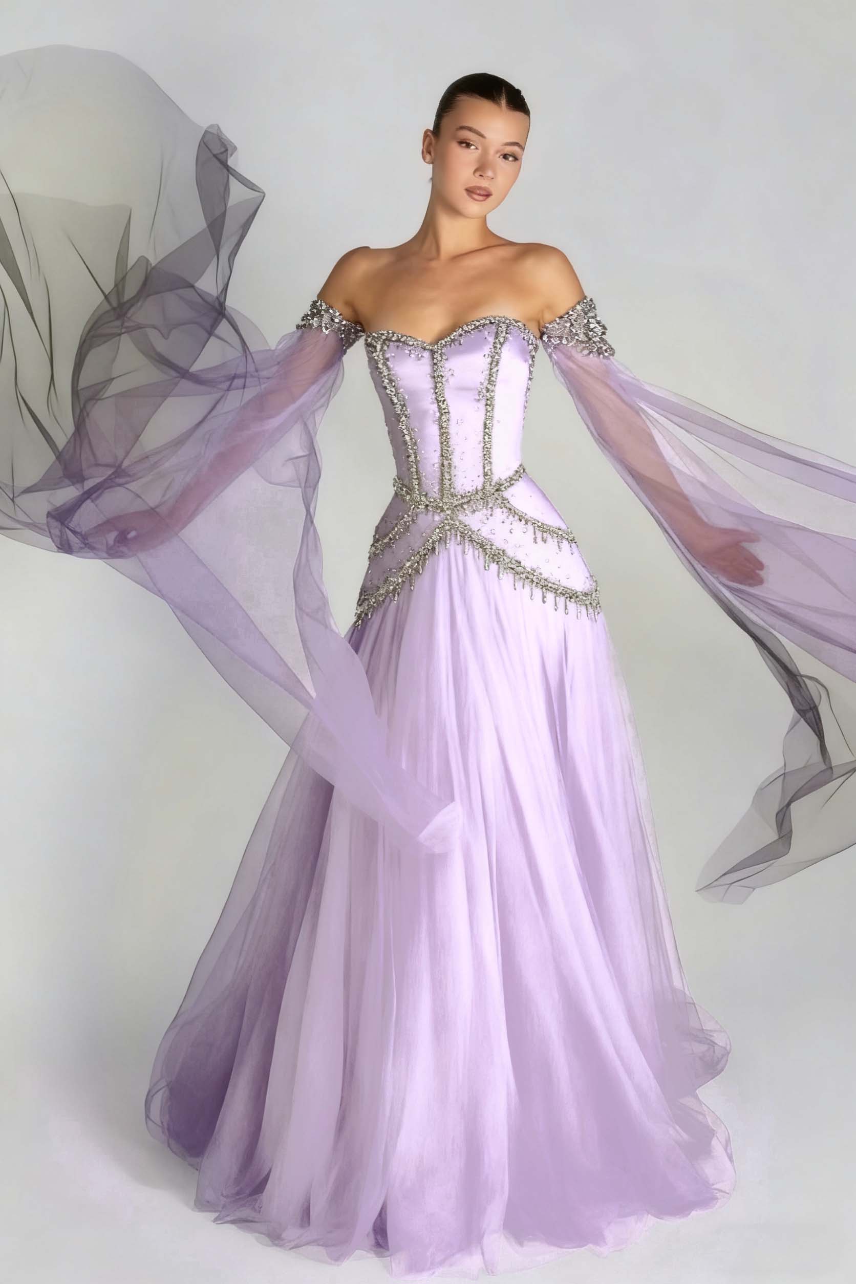 Long Sleeves Sweetheart Long A Line Prom Dress With Pleated Beading