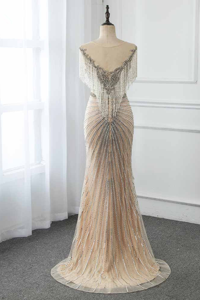 BMbridal Luxury Tulle Jewel Beadings Mermaid Prom Dresses with Tassels Online