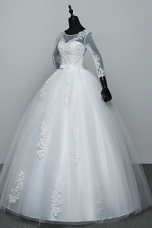 BMbridal Gorgeous Jewel Tulle Lace White Wedding Dresses 3/4 Sleeves Appliques Bridal Gowns On Sale
