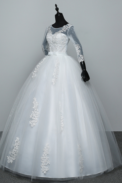 BMbridal Gorgeous Jewel Tulle Lace White Wedding Dresses 3/4 Sleeves Appliques Bridal Gowns On Sale