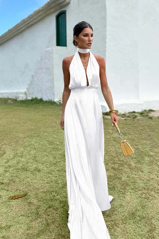 Charming Sleeveless Halter V Neck Long Prom Dress With Pleated