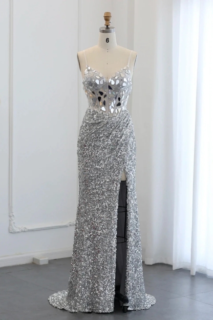Silver Strapless Mermaid Prom Dress High Split Long Online